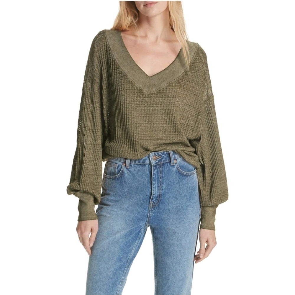 Free People Thermal Moss Comfy Light Sheer Long Sleeve Top Green V neck Small
